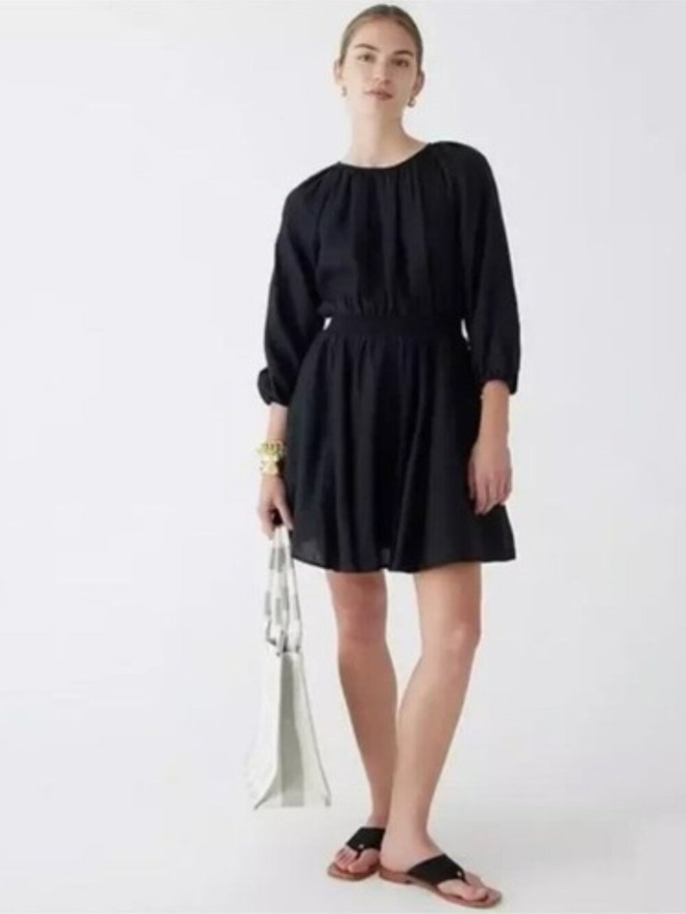 J.CREW Palermo Womens L Black Linen Smocked Waist Mini Long Sleeve Dress